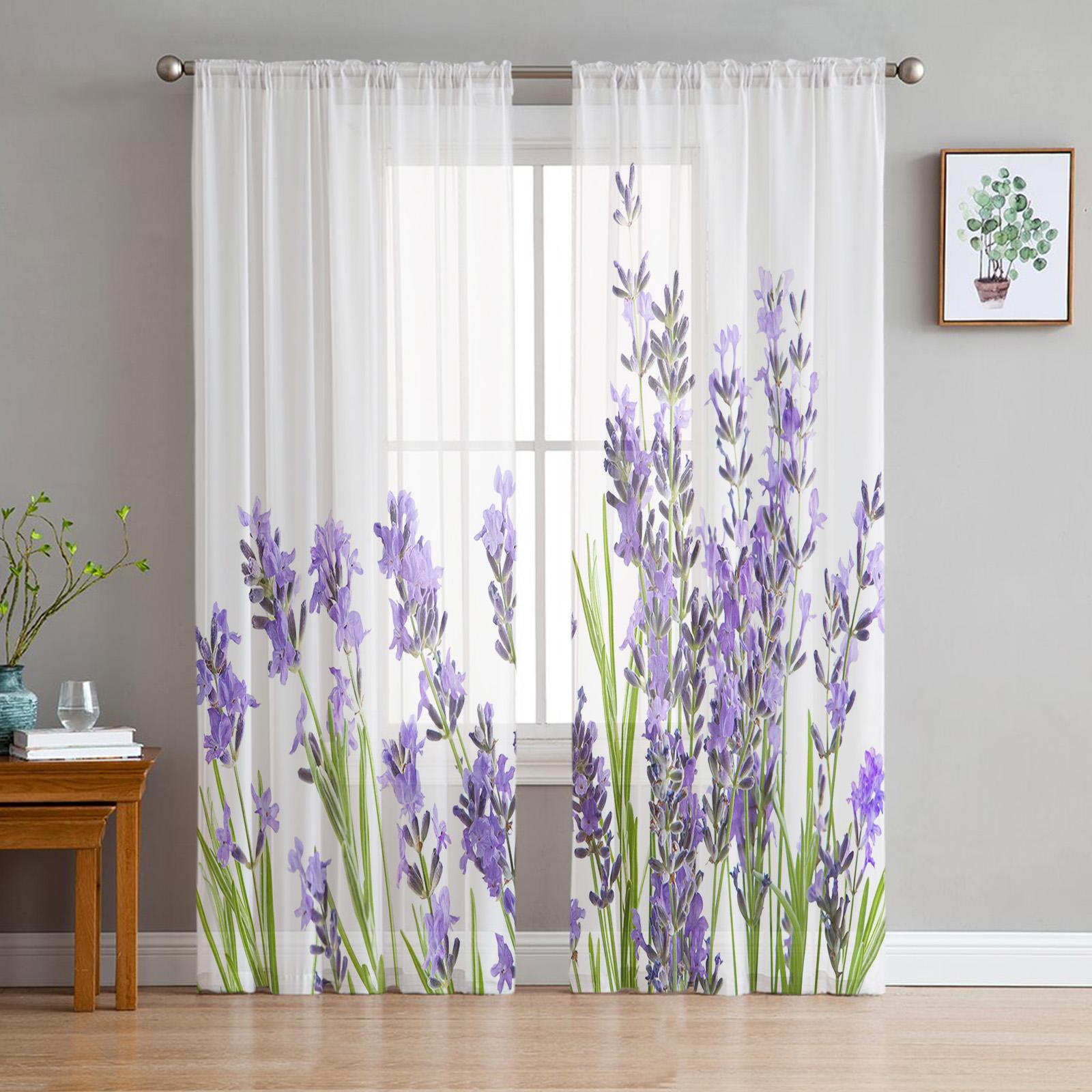 Lila Blumen Lavendel Weiß Transparente Vorhänge für Wohnzimmer Dekoration Fenster Vorhänge für Küche Tüll Voile Organza Vorhänge W135 x H137cm x1