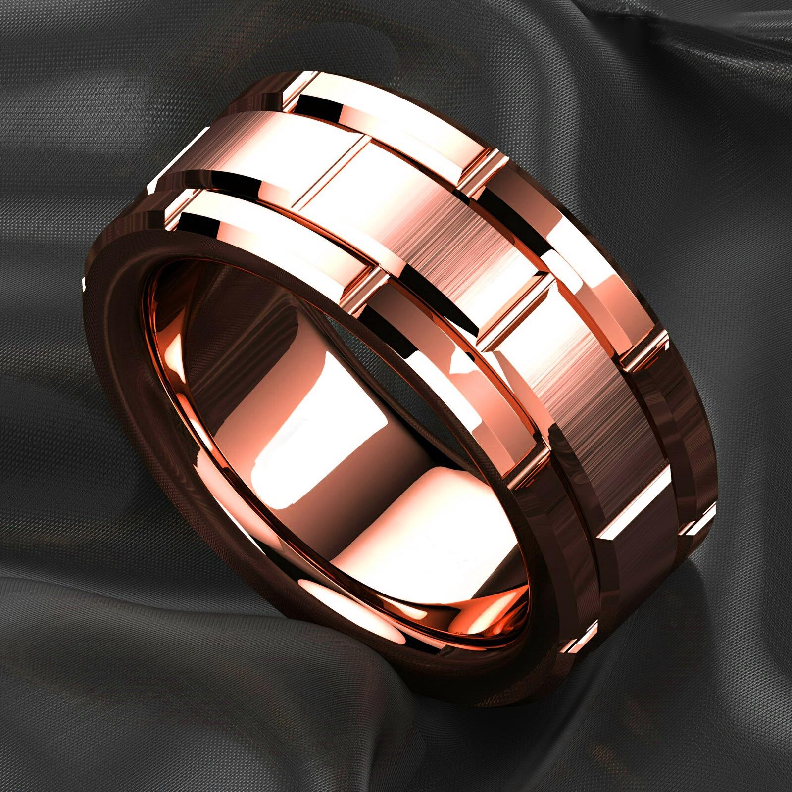 Modische 8mm Ziegelmuster Edelstahlringe für Herren Schwarz Gebürstet Doppelnut Herren Verlobungsringe Ehering Schmuck 13