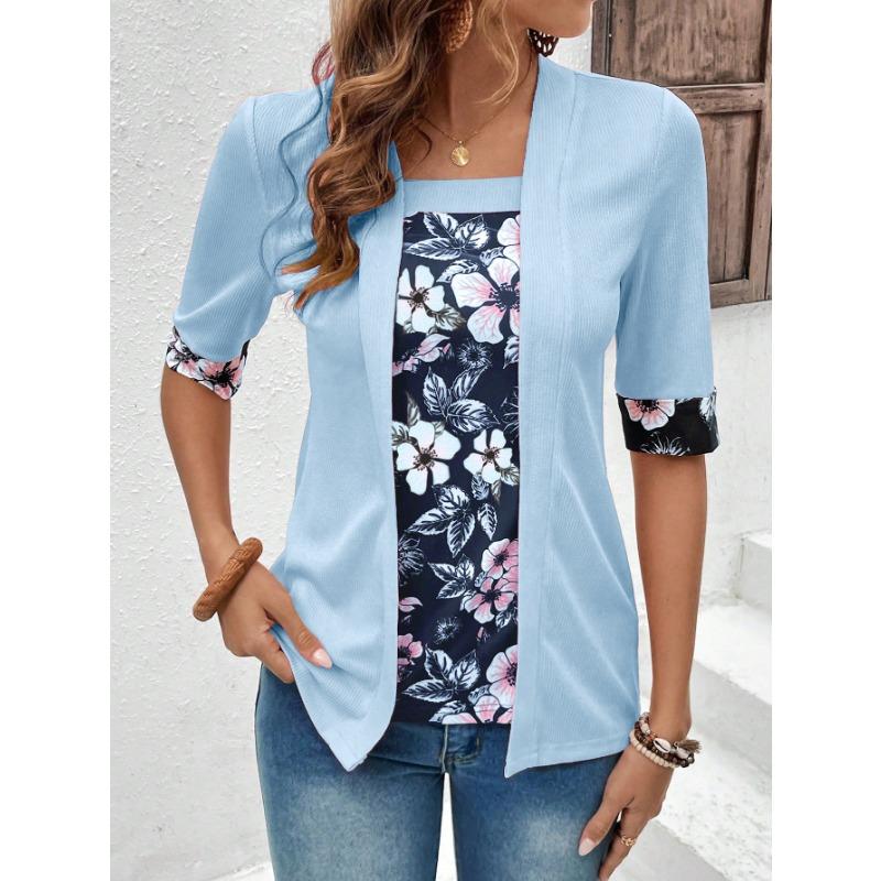 Damenmode Casual Sommer Frühling Blumenmuster Druck Kurzarm Quadrat Kragen Blusen & Hemden M hellblaue