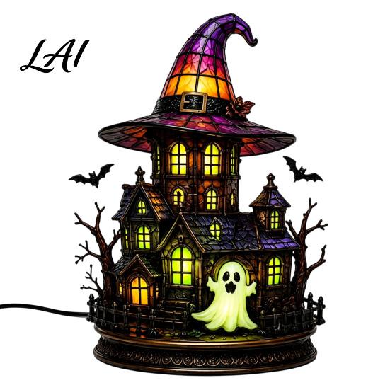 Hexenhut Lampe Gotisches Nachtlicht Warmes Leuchten Acryl Halloween Dekorative Lampe Vintage Zimmerbeleuchtung Gruselige Heimdekoration für Kaminsims Regal Eingangsbereich A black