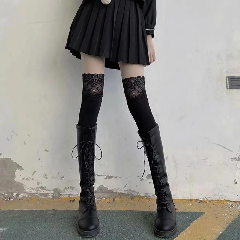Einfarbig Sexy Spitze Overknee Strümpfe Damen Mädchen Oberschenkelhoch Über Knie Strümpfe Lolita Damen Mädchen Warme Stiefelsocken One Size schwarz