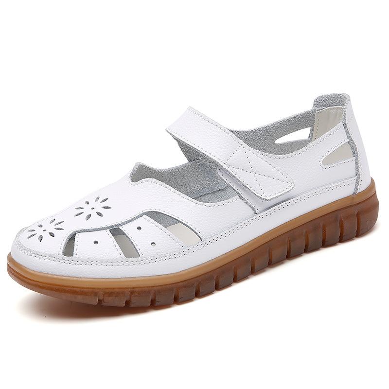 Damen Leder Hohl Sandalen Atmungsaktive Sommerschuhe Bequeme Krankenschuhe Weiße Sandalen Mama Sandalen Große Größe 43 weiß