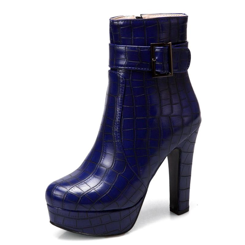Herbst Winter Damen Stiefeletten Plateau Fashion Heel Kurze Stiefel Damen Schnalle Rot Gelb Blau Sexy Damen Schuhe Große Größe 45 43 blau