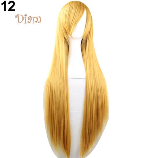 Fetong Mode Mädchen Frauen Lange Cosplay Schräge Pony Gerade Volle Perücken Haarverlängerung goldgelb