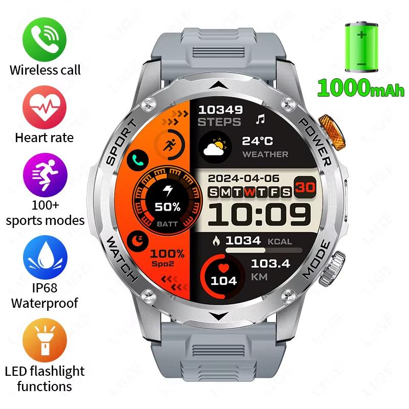 2025 Neue Militärische Edition Smartwatch Herren 1000mAh Akku 1,7-Zoll AMOLED HD Display Bluetooth Anruf Uhr Smartwatch LED Taschenlampe Silicone belt grau