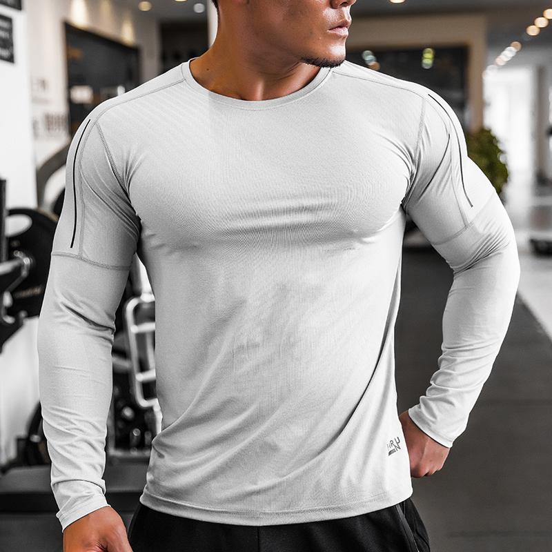 Herren-Sportbekleidung, Fitnessstudio-T-Shirts, langärmlig, Kompression, schnell trocknend, Laufshirts, Rundhals-Sport-Top L weiße grau