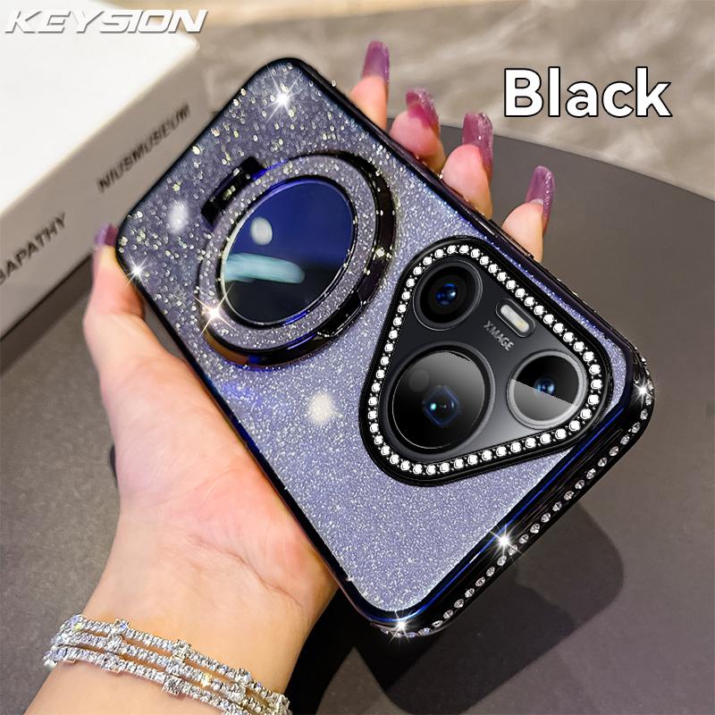 KEYSION Glitzerndes Schmuck-Magnet-Handyhülle für Huawei Pura 70 Pro Make-up-Spiegel-Ständer Stoßfeste Hülle für Huawei Pura 70 for Huawei Pura 70 schwarz
