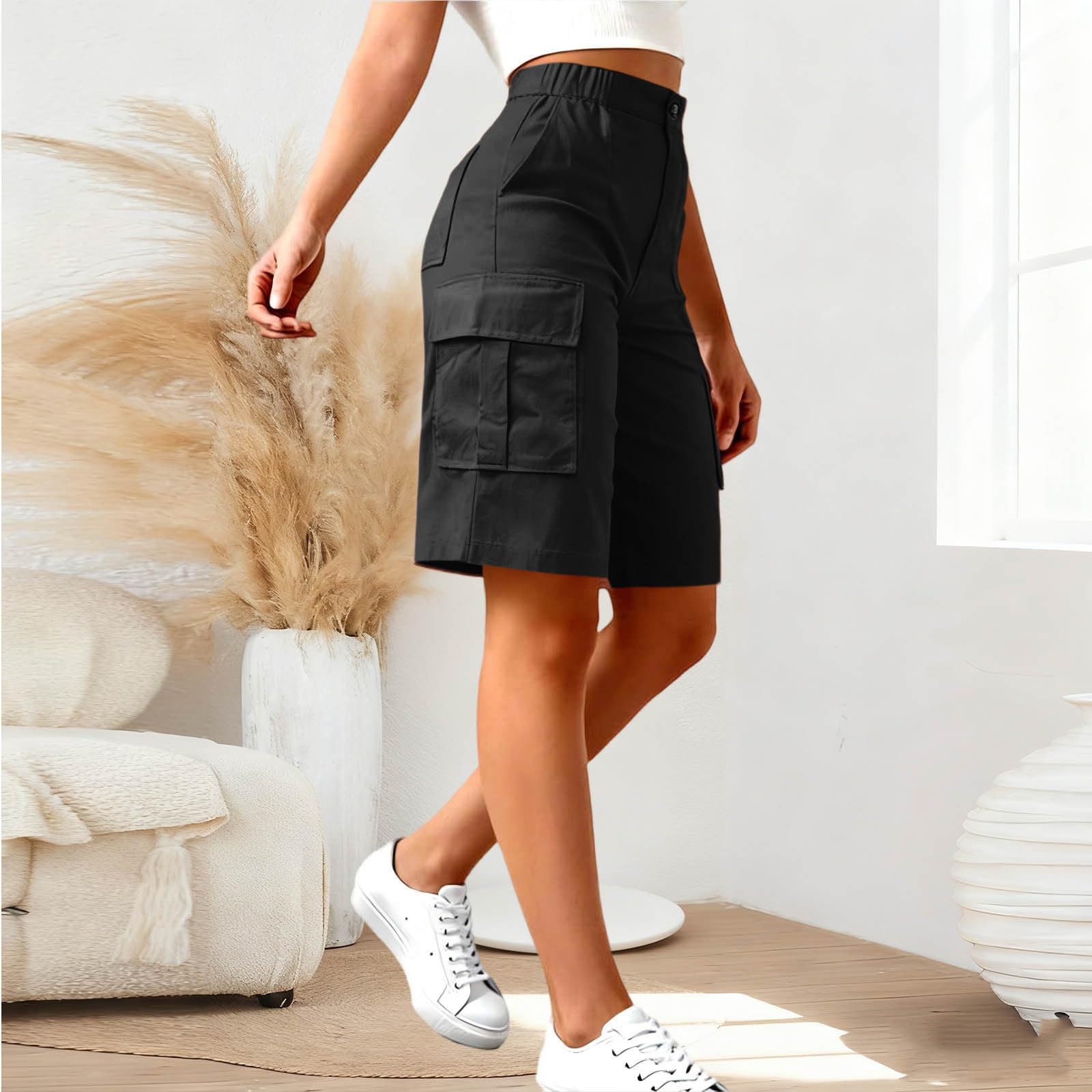 Cargo-Shorts für Damen Knielang Lässige Shorts Elastischer Bund Wander-Trainings-Reise-Shorts XXL schwarz