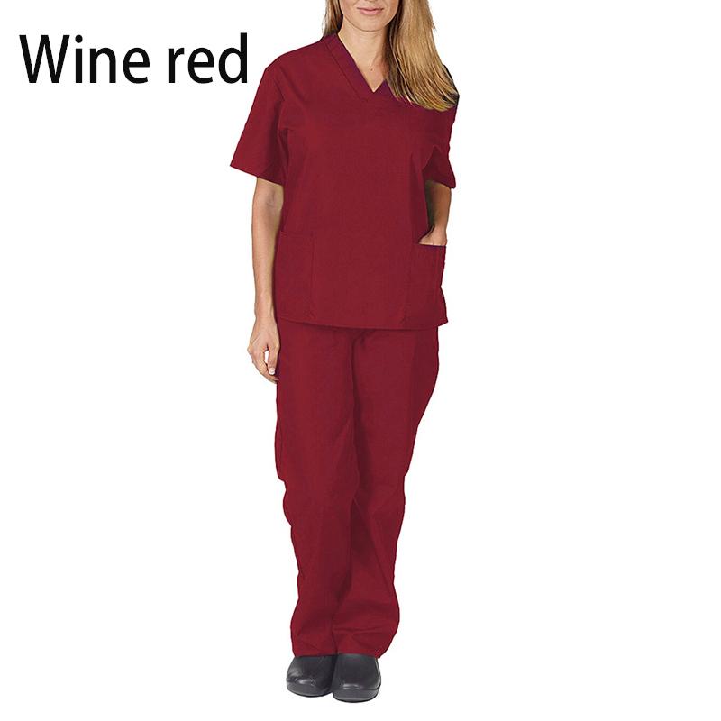 2-teiliges Outfit für Damen, Krankenpflege, Arbeitskleidung, schnell trocknend, kurzärmelig, V-Ausschnitt, Krankenschwesteranzug, Oberteile + lockere Hosen XL wein rot
