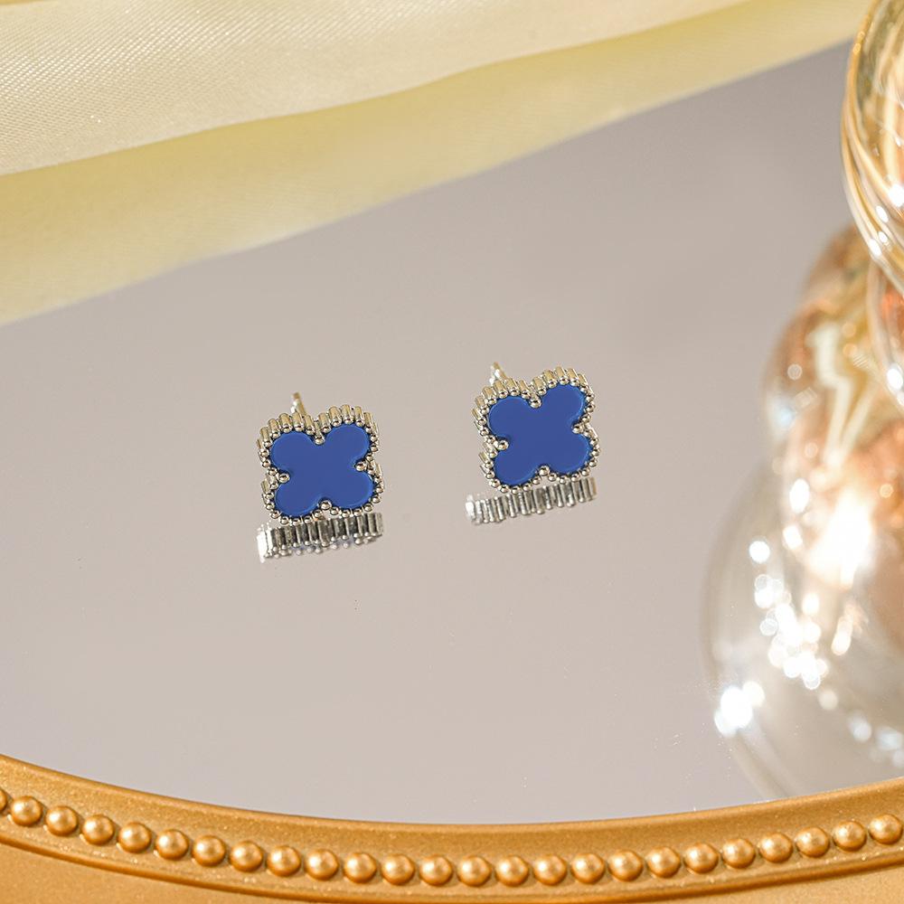 Titanstahl Ohrringe Vierblättriges Kleeblatt Ohrringe Damen Leichter Luxus Minimalistische Ohrringe Klein Nische Titanstahl Ohrringe blau