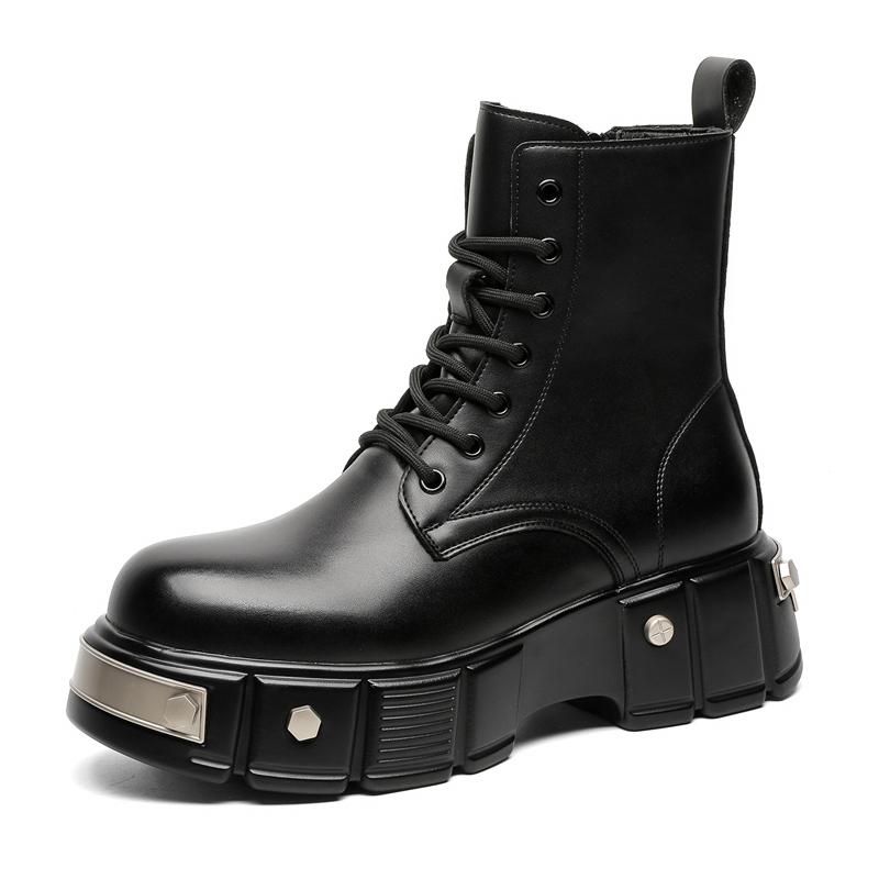 Mode 2025 Herren Motorradstiefel Mode Handgefertigt Leder Schnürstiefel Plateau Schuhe Retro Street Style Bequem Allround Knöchelstiefel 46 schwarz