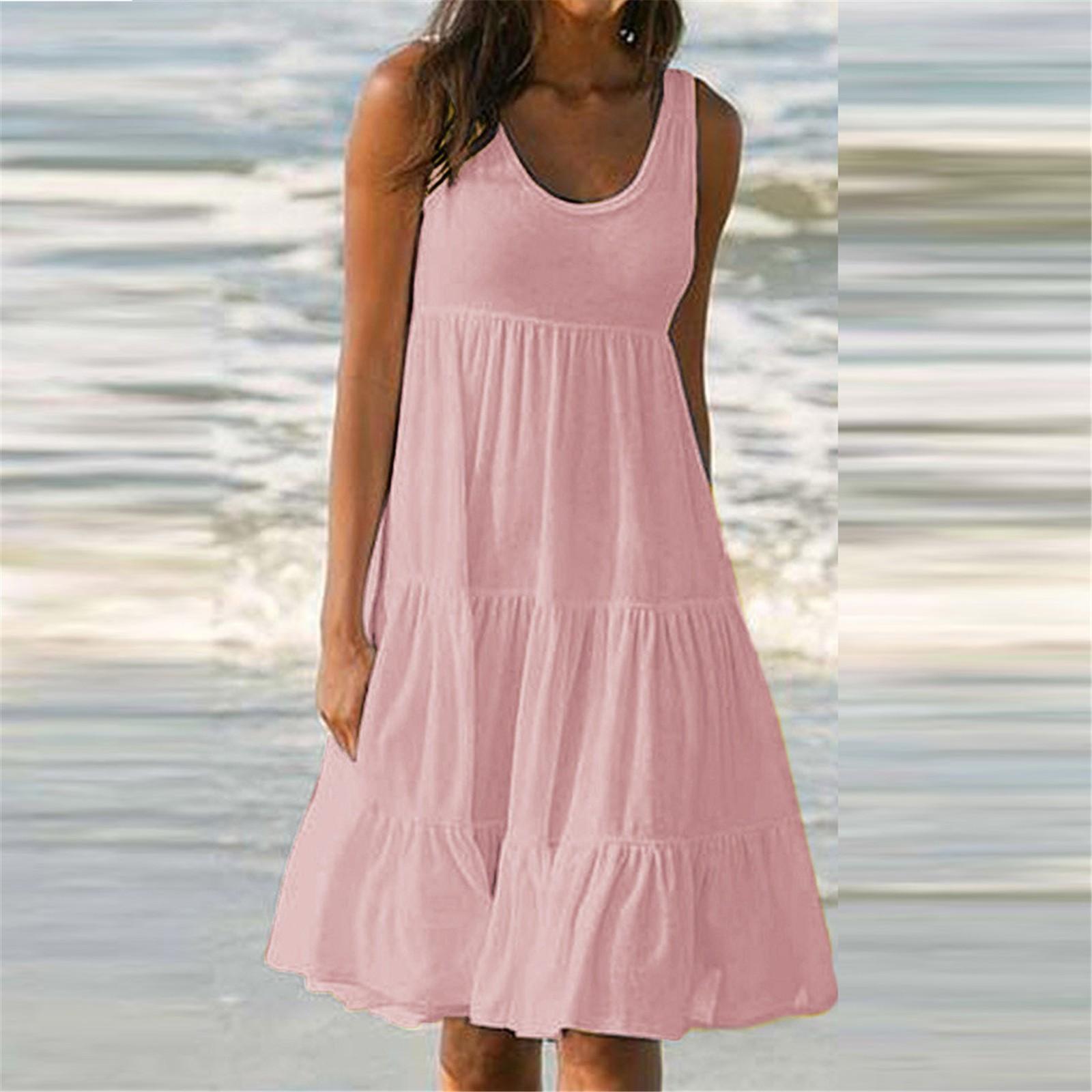Damen-Weste-Kleider, Sommer, Frühling, plissiert, böhmische Kleider, niedlich, ärmellos, fließend, Strand, gerade, T-Shirt, Tank-Kleider, Rundhals-Kleider XL rosa