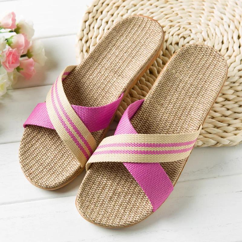 Mode Sommer Leinen Damen Hausschuhe Flache Sandalen Heimfarbe EVA Leichte Schuhe für Damen Lässige Hausschuhe 2025 39-40 rose rot
