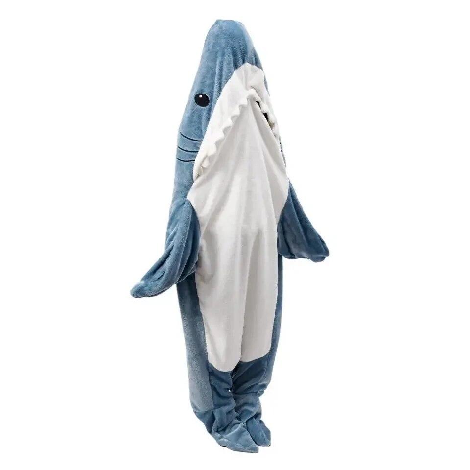 Hai-Decke für Erwachsene, Cartoon-Schlafsack, Pyjama mit Kapuze, warmer Flanell, lustige Homewear, Hai-Onesie, Schlafsack, warme Winterdecke M 130cm navy blau