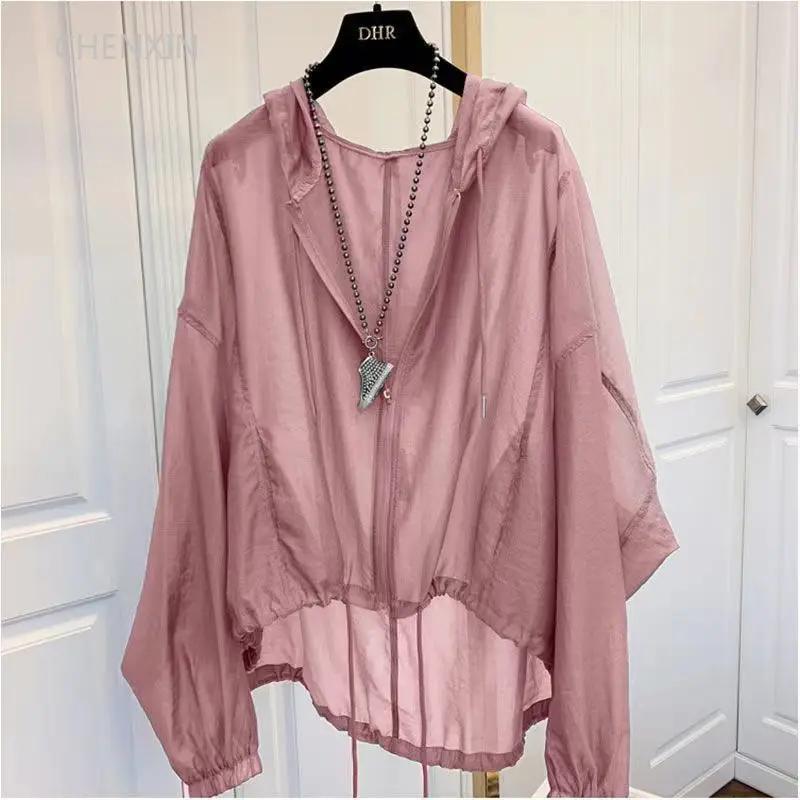 Jacken Damen mit Kapuze, Sommer, Sonnenschutz, Reißverschluss, Mäntel, dünn, locker, durchsichtig, Oberbekleidung, atmungsaktiv, leichte Kleidung, Schwarz M rosa