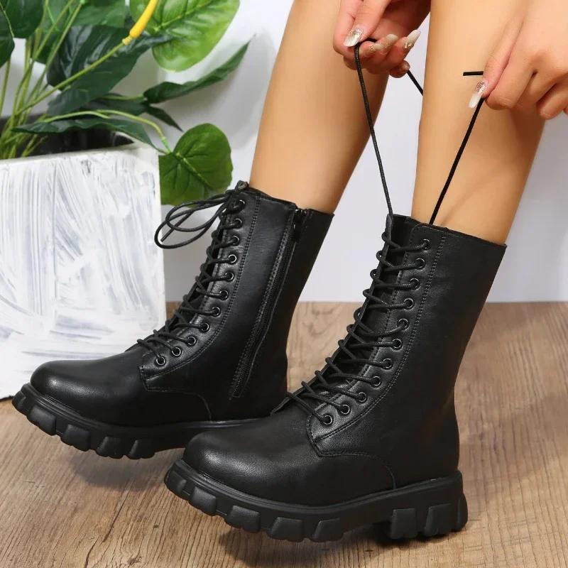 Stiefel Frauen 2024 Herbst Winter PU Leder Weiß Stiefeletten Motorrad Botines Weibliche Chunky Heels Plattform Stiefel Botas Mujer 38 schwarz