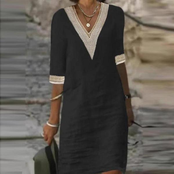 Damen Baumwolle Leinen Spitze Ausschnitt Manschette V-Ausschnitt Kleid Mode Einfarbig Aushöhlen Mini Kleid Damen Freizeit Halbarm Kleid S schwarz