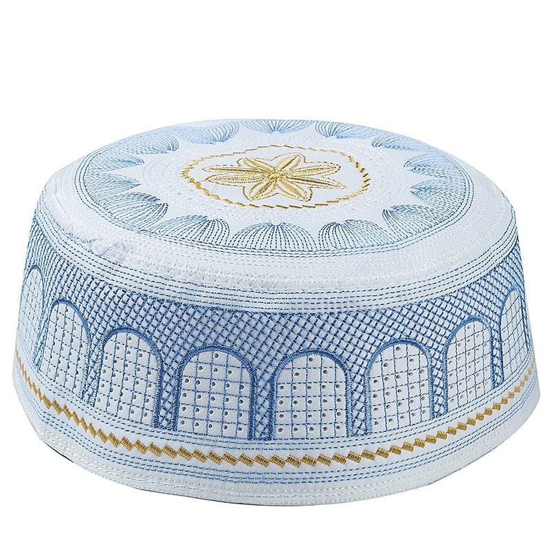 1 Stück muslimische Hüte arabische Männer Gebetshut Musliman Turban Baumwolle Stickerei Mann Hijab Motorhaube 56cm blau