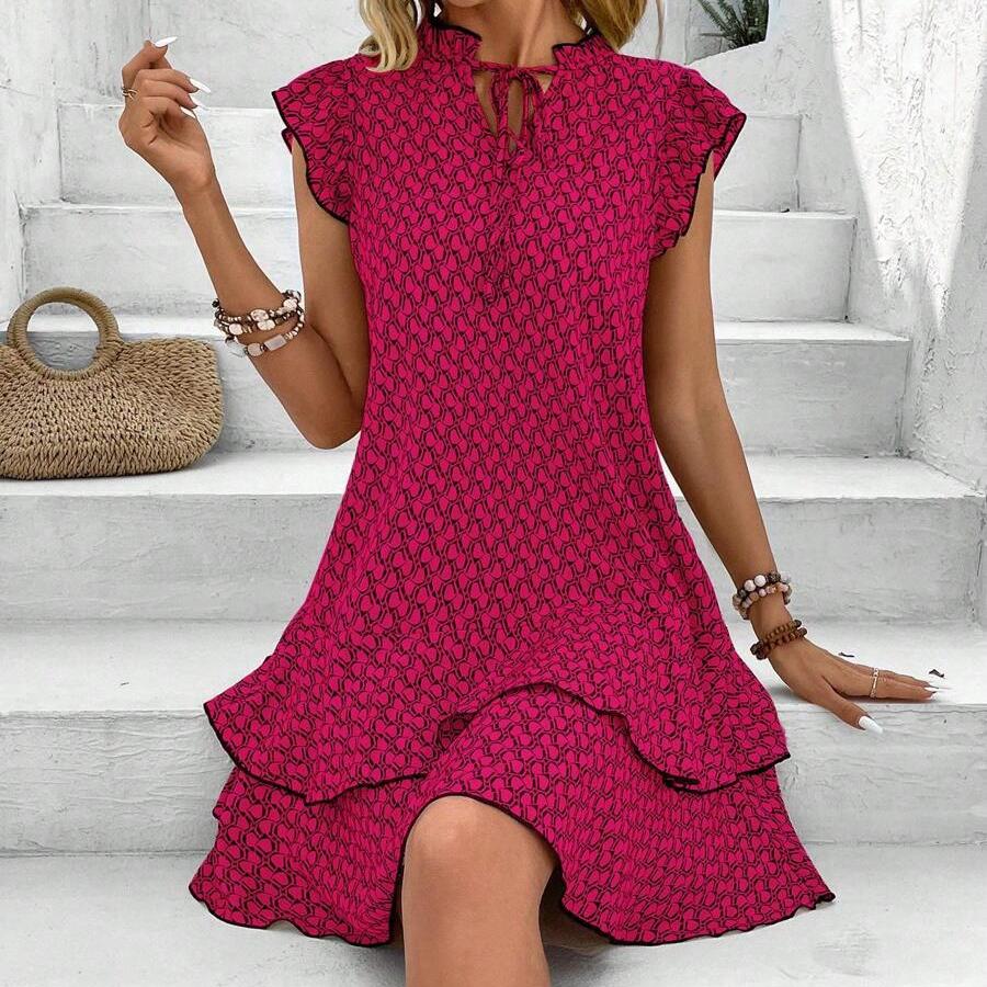 Sommer Frauen Sexy Plissee Strand Sommerkleid grafik druck Kleid Rüschen Ärmel Liebsten Böhmen Kleid Mini Kleid Elegante A-linie kleider XL brown