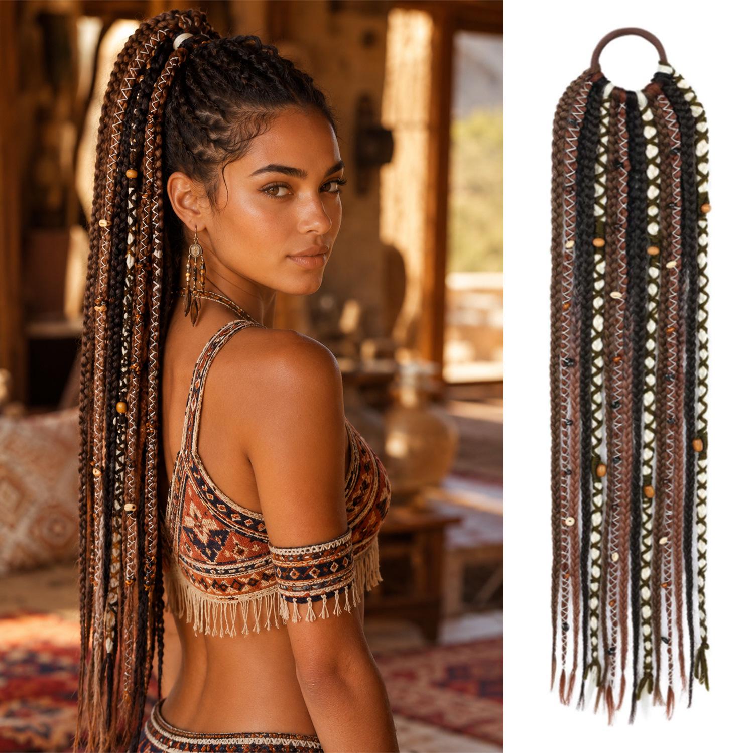 Böhmisches geflochtenes Pferdeschwanz-Haargummi mit Perlen, Elastisches Haarband, Lange Zopf-Haarverlängerung für Damen (Synthetik) brown