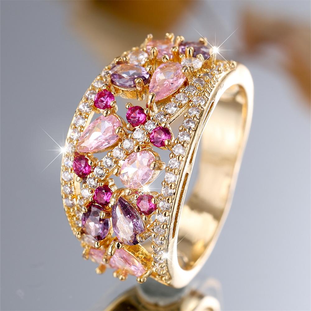 Rosa Lila Kristall Wassertropfen Stein Verlobungsringe für Frauen Vintage Goldfarben Eheringe Geburtsstein Schmuck Party Geschenke 10 white