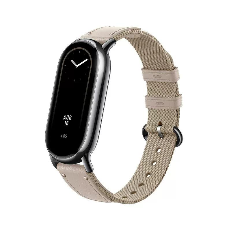 Armband für Xiaomi Mi Band 8 Armband Nylon atmungsaktiv Miband 8 Correa Original Mi Band 8 NFC Riemen Leder Smartwatch Armband Ersatz For Mi Band 8 beige