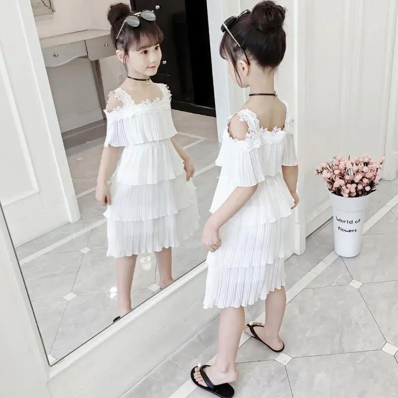Mädchen Sommer Shorts Anzug Koreanischen Stil Sommer Kinder Hosenträger Eine Schulter Chiffon Zwei Stück Set Plissee Mesh Einfarbig Zwei-stück Anzug 110 weiß