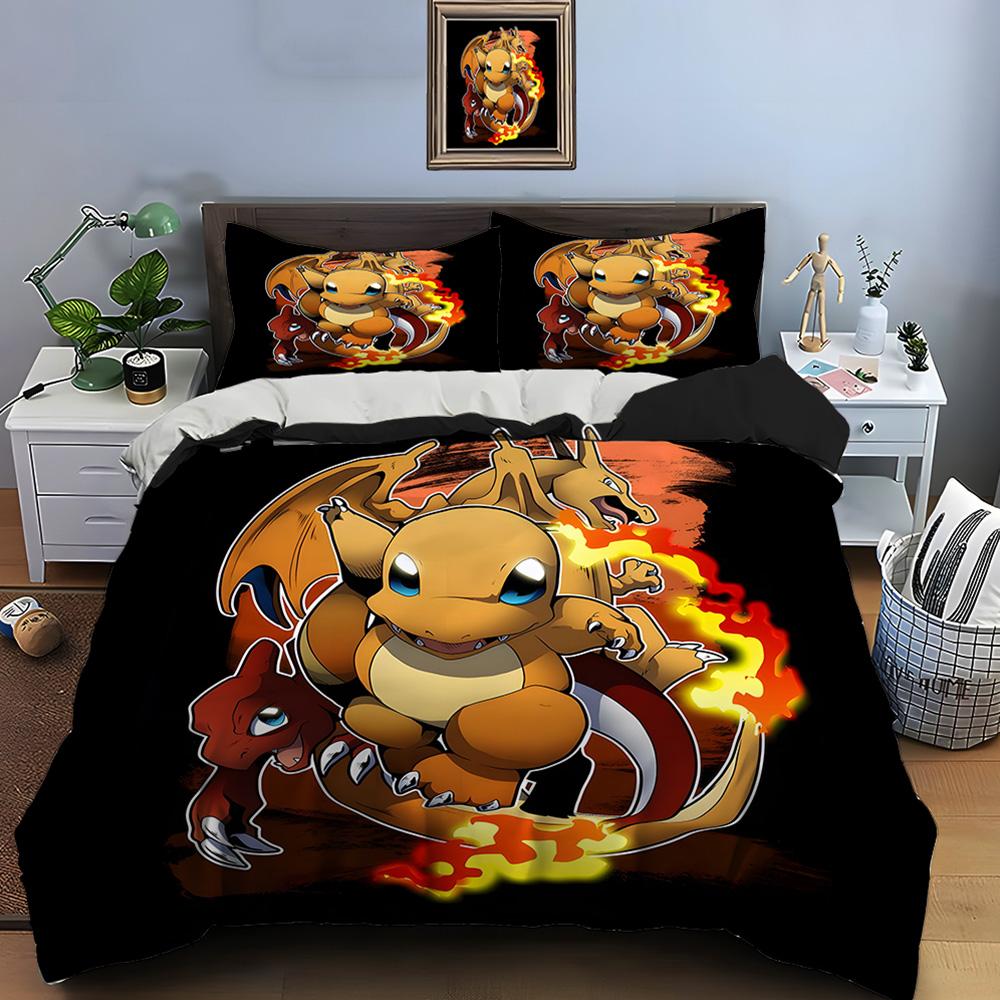 10 Größen Pokémon Glurak Druck Bettwäsche Set 3-teiliges Set Bett King Size Kissenbezug Erwachsene Bettdecke Schlafzimmer Bettset für Geschenke AS Queen 210X210cm