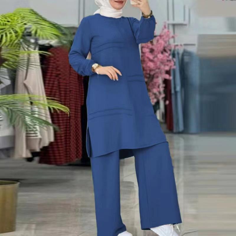 Zweiteilige Sets für Damen, Hemdkleid und Hose, muslimische Anzüge für Damen, Hemdbluse, marokkanischer Kaftan, islamisches Kleid, Hosen-Sets mit weitem Bein XXXXL blau