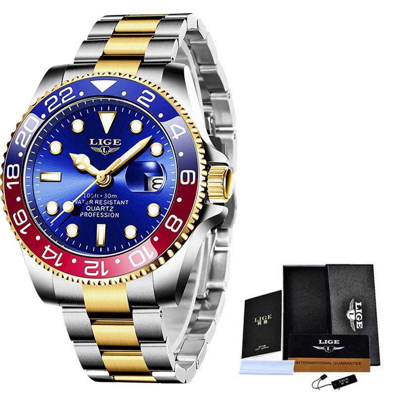 LIGE Fashion Business Herrenuhren Wasserdicht Auto Datum Uhr Militär Herrenuhr Edelstahl Sport Herren Armbanduhren gold/blau
