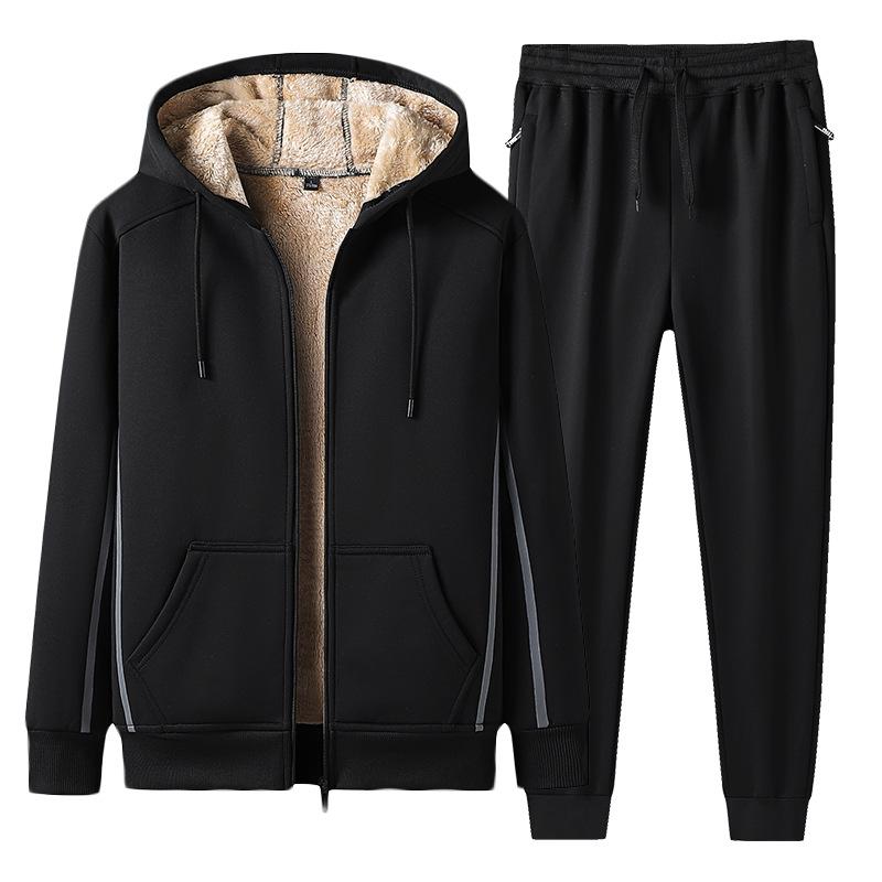 Winter Herren Casual Sport Anzug Plus Samt Dicke Kapuze Strickjacke Pullover Zweiteiliger Anzug L schwarz