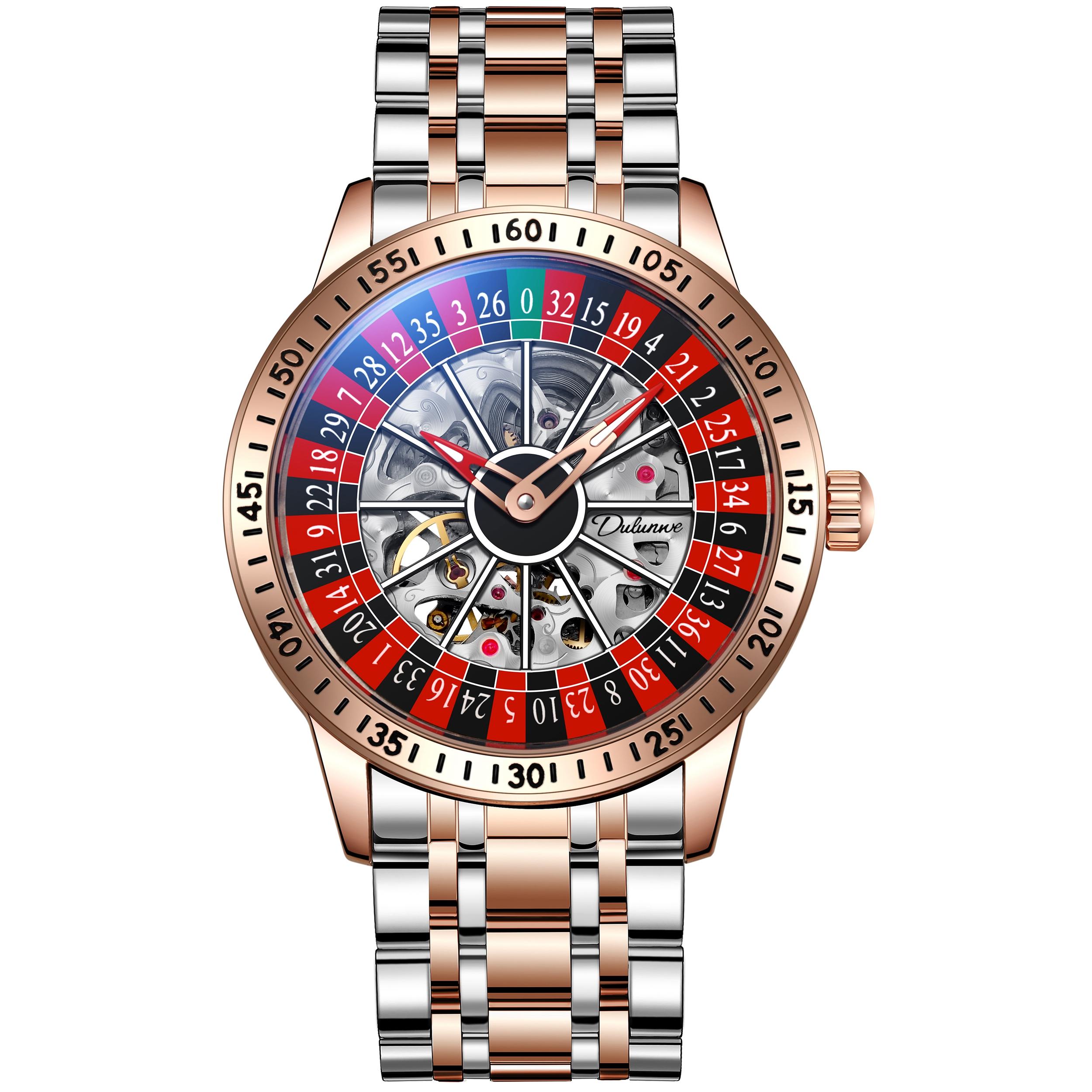 Dulunwe Roulette Automatische Mechanische Uhr für Herren Schwingendes Rotierendes Zifferblatt Design Skelettierte Uhren Edelstahl Wasserdicht Luxus Armbanduhr rose gold