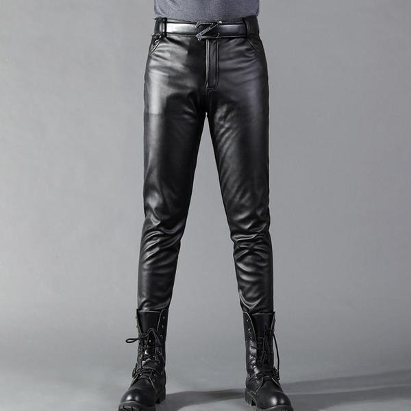 Herren Stretch Lederhose Slim Fit Trend Enge Freizeithose für Männer PU Lederhose Motorradhose 28 schwarz