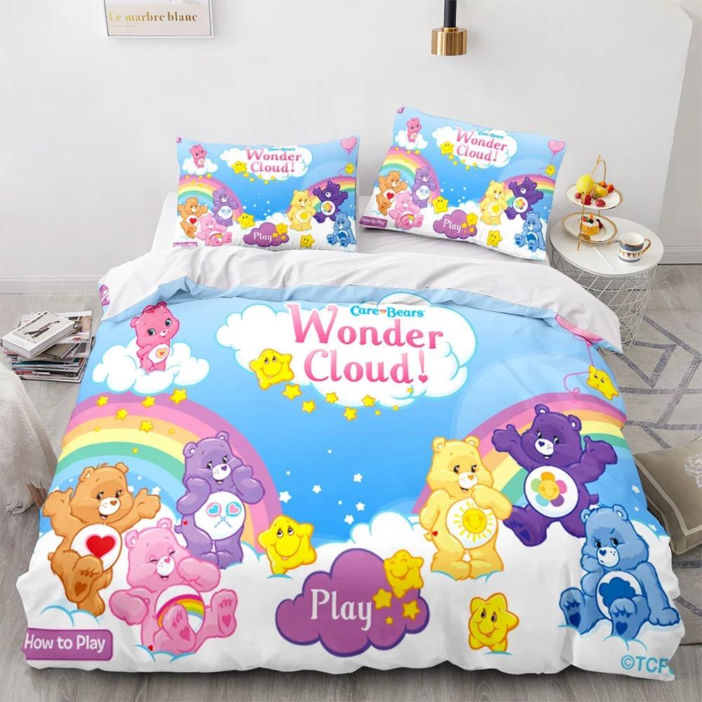 Cartoon Anime Care Bears Bettbezug-Set Kawaii Carebears Bettdeckenbezug Kissenbezug-Set Kinderbettwäsche-Set Dekor Full Queen King Size EU Single(135*200cm)3pcs