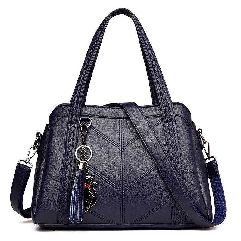 Weiche PU Leder Luxus Handtaschen Frauen Taschen Designer Damen Hohe Qualität Quaste Umhängetaschen Shopper Tote 31*11*22cm dunkelblaue