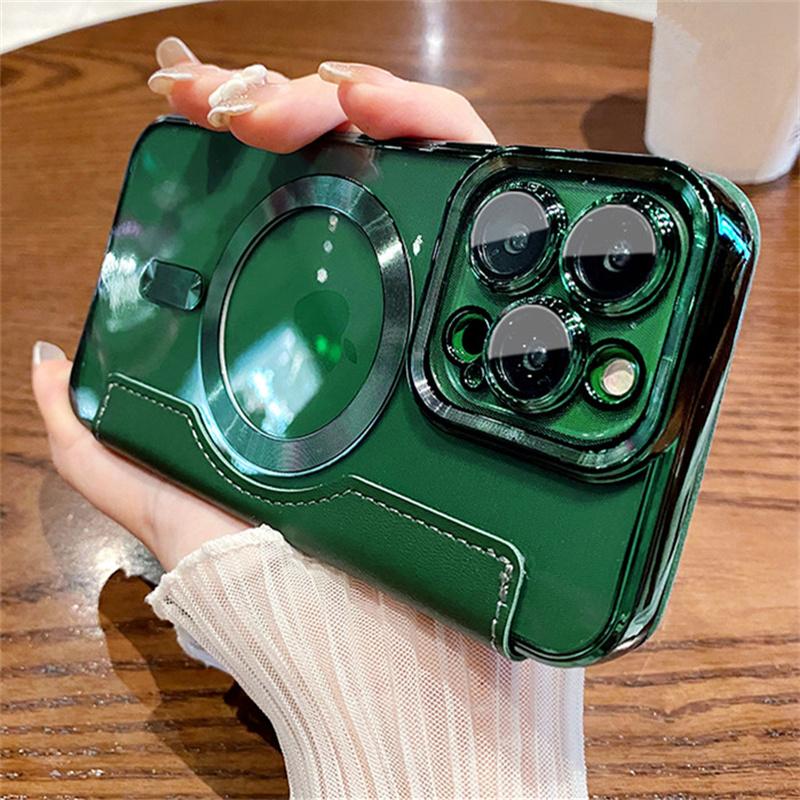 Modische Lederbeschichtung Magsafe Hülle für iPhone 17 16 15 14 12 11 13 Pro Max Magnetische Kabellose Ladung Transparente Silikonhülle Für iPhone 14 13 12 iPhone 15 Pro Max grün
