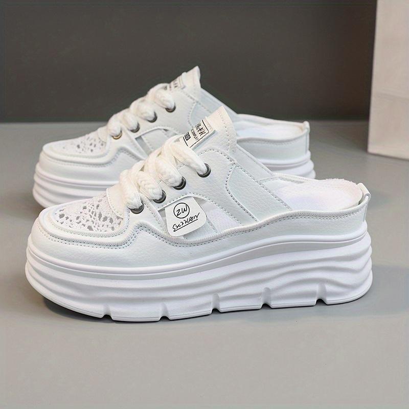 Atmungsaktive Plateau-Pantoletten-Sneaker für Damen, lässige Schnürschuhe mit Cutout-Design, bequeme Sommerschuhe 39 weiß