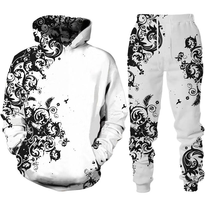 Luxus goldener Blumendruck Herren 2-teiliges Outfit Retro Barock Muster Hoodie/Hosen/Set Hip Hop Streetwear Herren/Damen Jogginganzug 6XL