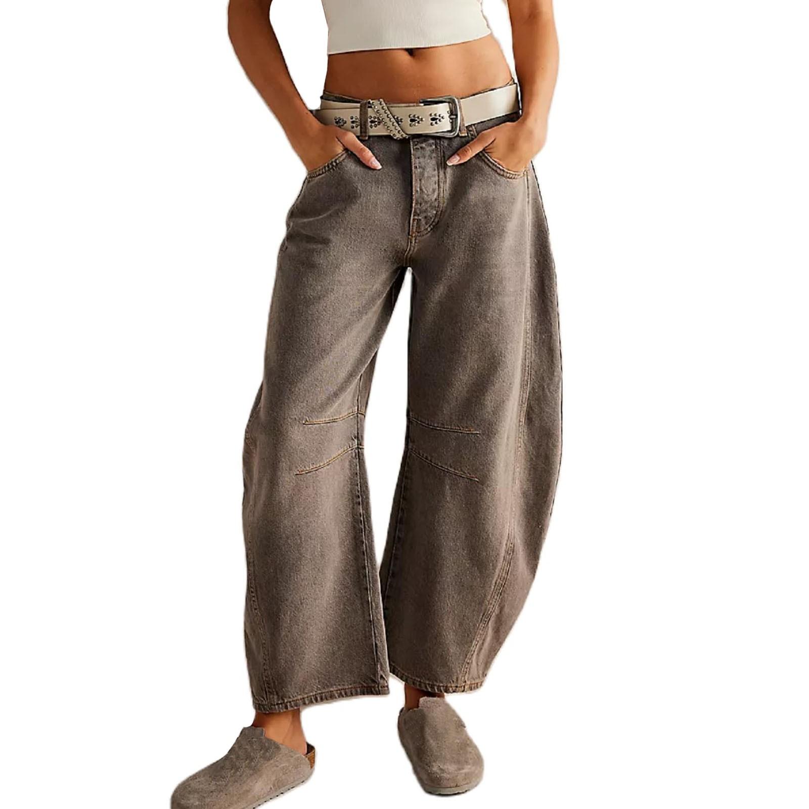 Damen Baggy Jeans mit mittlerer Taille, weites Bein, lockere Boyfriend-Denimhose, gerades Bein, verkürzte Barrel-Jeans L