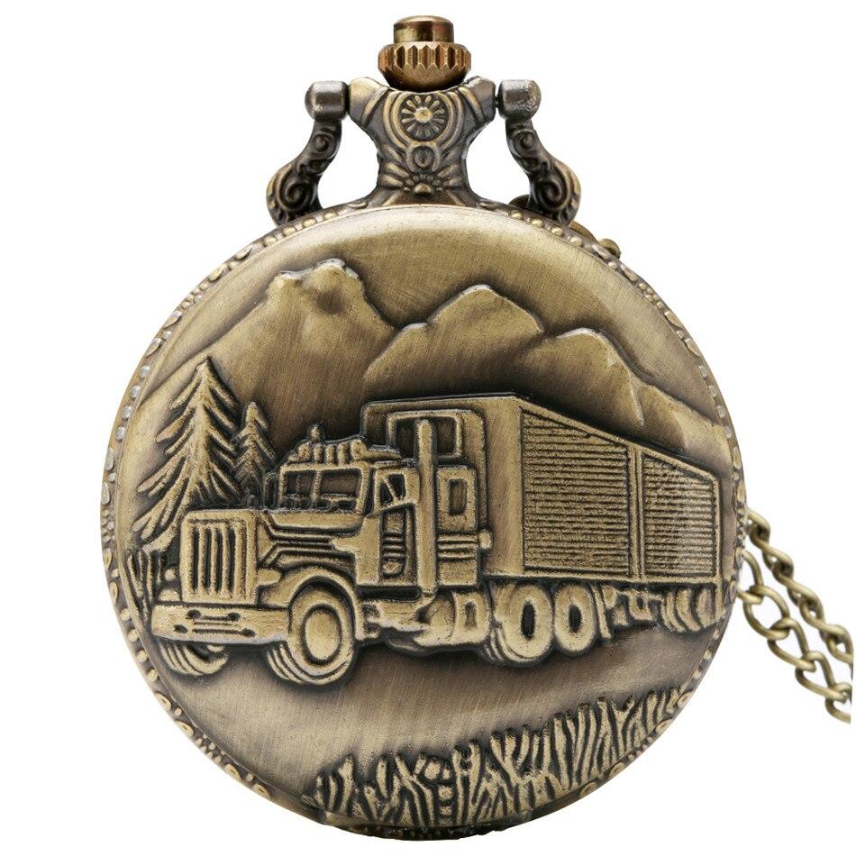 Vintage Bronze Retro Big Truck Forest Tree Taschenuhr mit Kette für Auto-LKW-Fahrer-Taschenuhren bronze