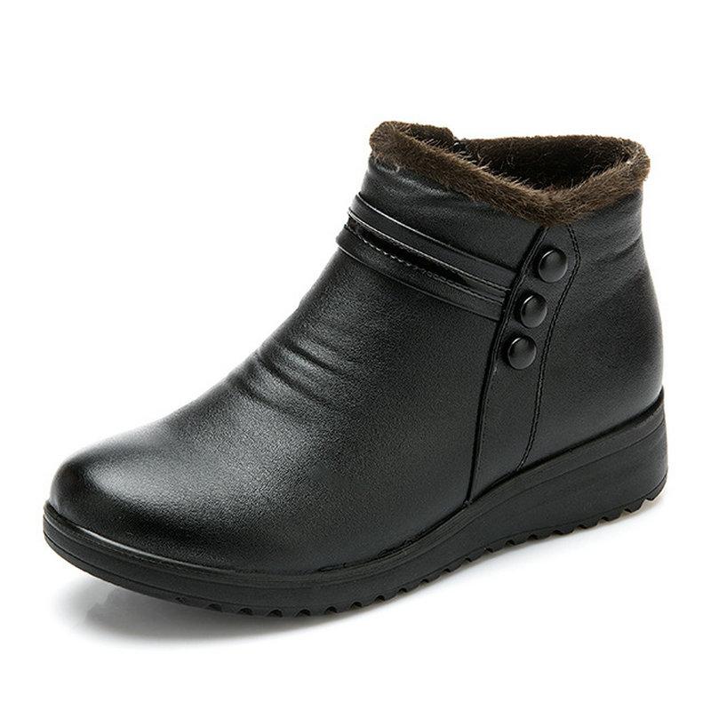 Winterstiefel Damen Echtleder Stiefeletten Damen Dick Plüsch Warme Schneestiefel Mutter Wasserdicht Rutschfest Stiefeletten Große Größe 39 schwarz
