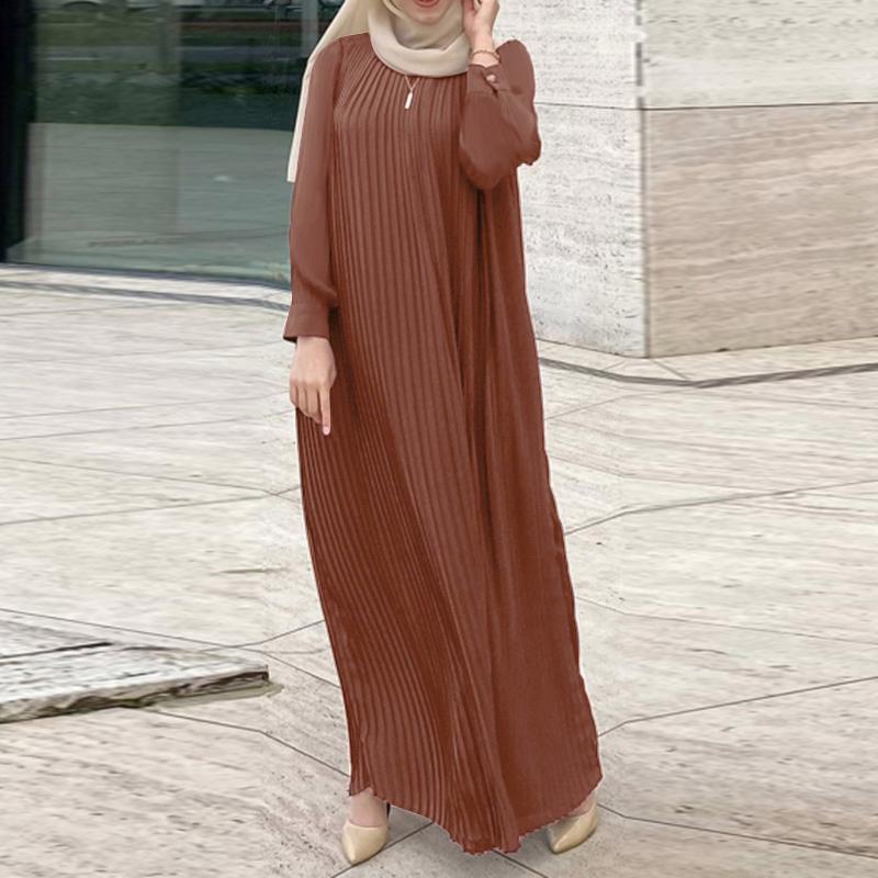 ZANZEA Damen Casual Rundhals Langarm Plissiertes Langes Kleid XL braun