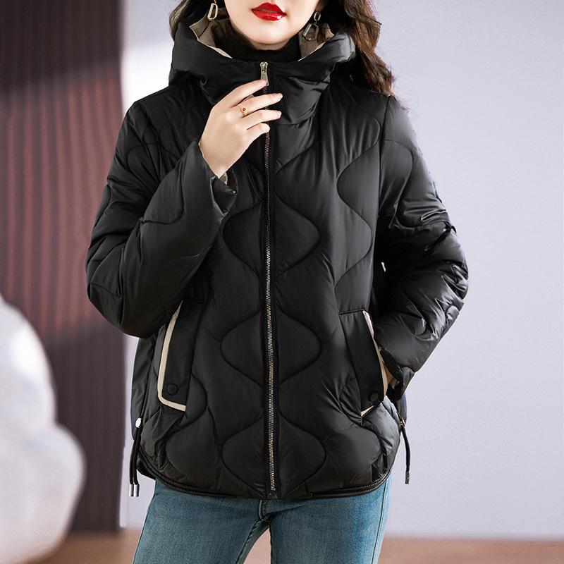 Damen Parka Winter Verdicken Warme Parka Lässig Einfarbig Wellenmuster Große Tasche Lose Kurze Kapuzenmantel Jacken Outwear XXL schwarz