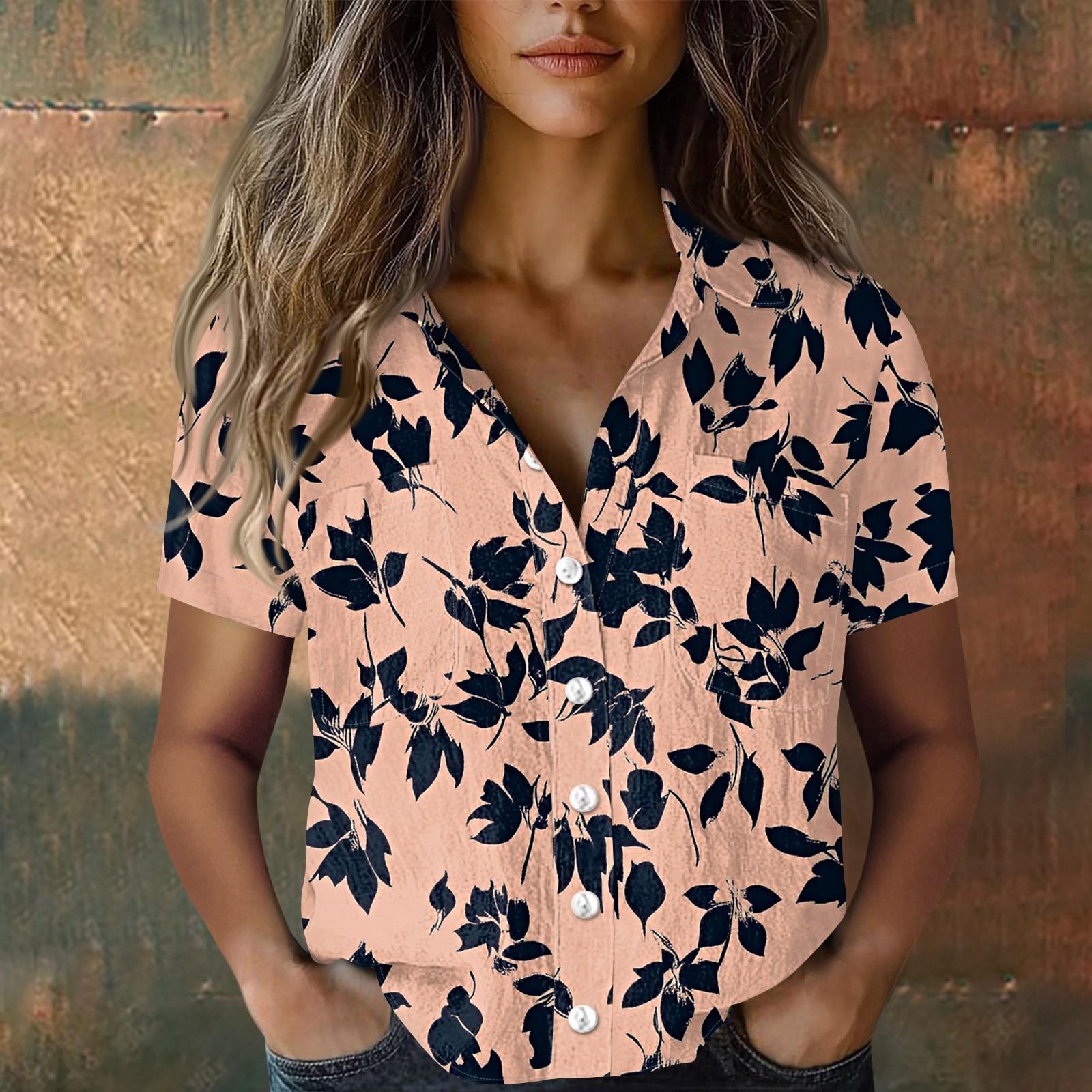 Damen Blusen & Hemden, Baumwolle, Leinen, kurzärmelig, lockere Boho-T-Shirts, Vintage-Blusen XXL rosa