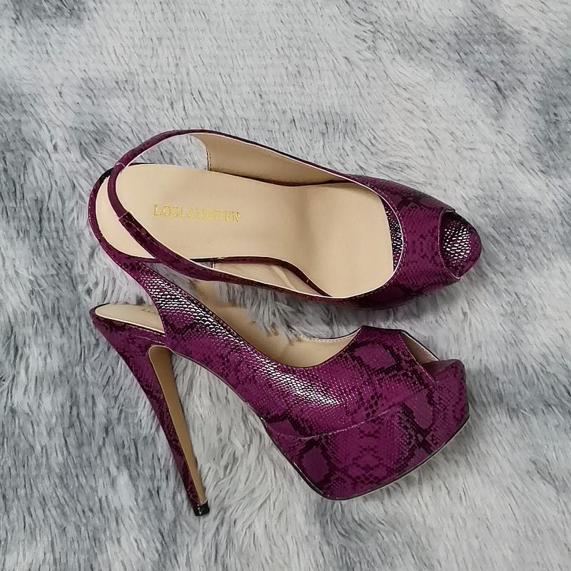 Damen Pumps Sexy Serpentine 14cm High Heels Sandalen Lackleder Plateau Offene Zehen Heels Party Hochzeitsschuhe Schuh 43 violett