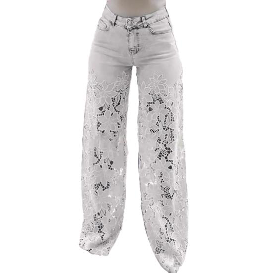 Damen Jeans mit Spitze Patchwork Casual Baggy Straight Wide Leg Denimhose Mid Waist Floral XXXL weiß