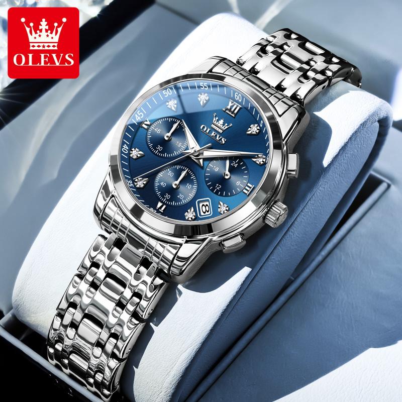 OLEVS Damenuhr Original Elegant Multifunktion Quarz Armbanduhr Wasserdicht Edelstahl Damenuhren Geschenke blau/silber