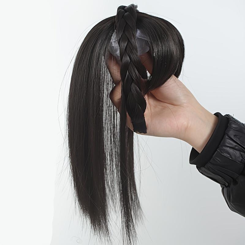 Synthetisches Topper-Haarteil mit Zöpfen, Stirnband, Pony, Fransenbändern, hitzebeständigem Pony, Clip-in-Haarverlängerungen, Haarteil gray