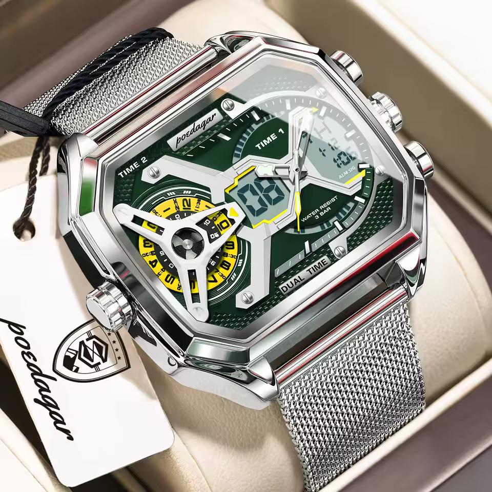 POEDAGAR Mode Elektronische Herrenuhr Wasserdicht Datum Woche LED Herrenuhr Wecker Edelstahl-Netz Sport Quarzuhren silber/grün