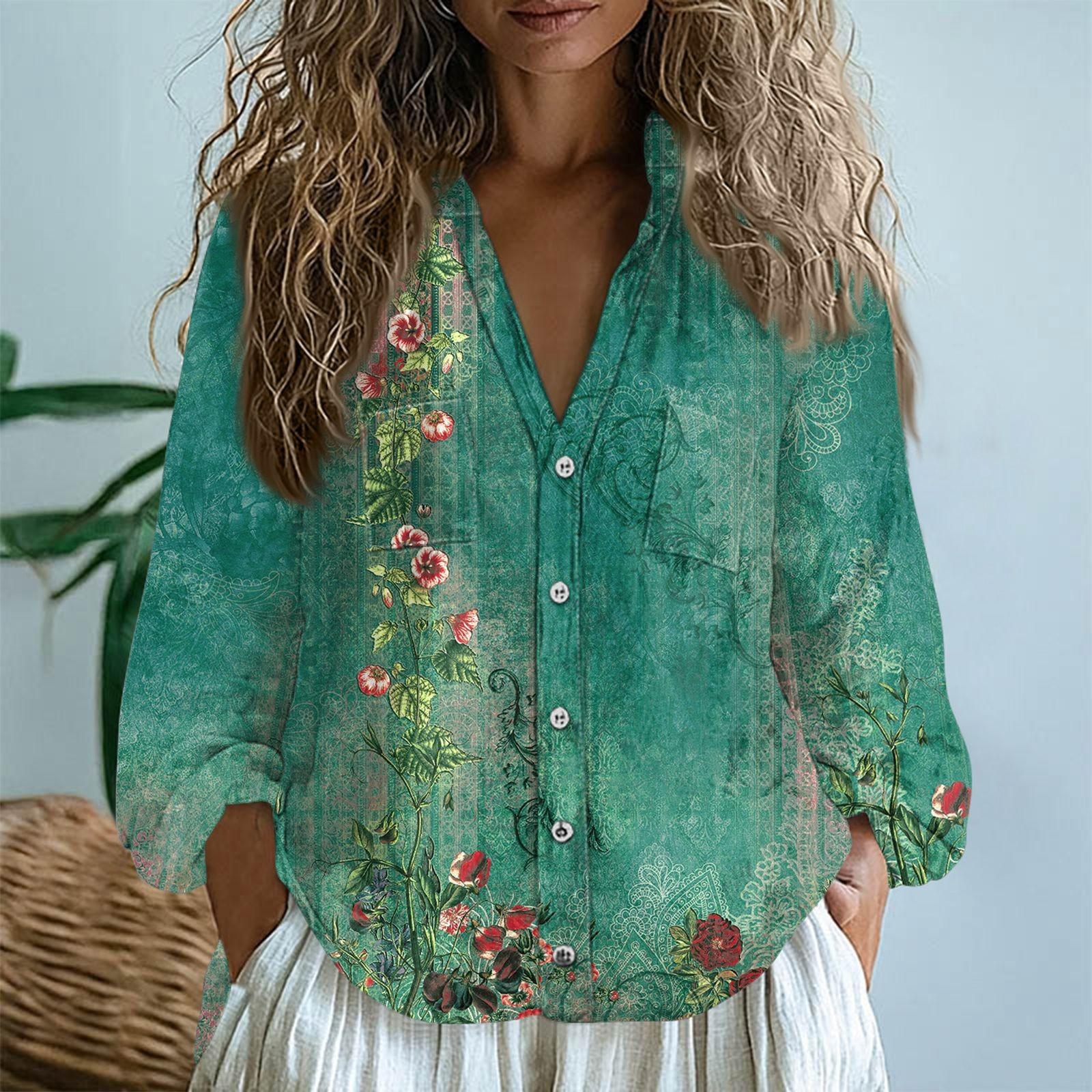 Damen Blusen Langarmshirt Baumwolle Leinen Lose V-Ausschnitt Boho Tees Vintage Blusen XXL grün